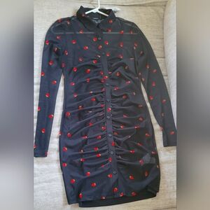NWT Forever 21 Black Dress with Red Strawberry Pattern MED